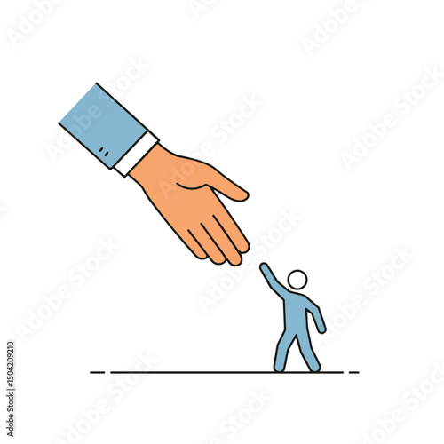 Helping hand reaching out to small figure in minimal line art style  
