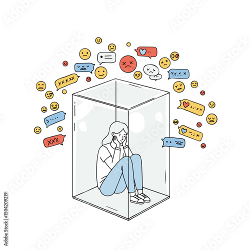 Young woman sitting in a glass box surrounded by social media icons  