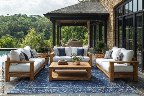 Three-piece outdoor furniture set with teak wood frame, white cushions, two armchairs, and coffee table on blue rug