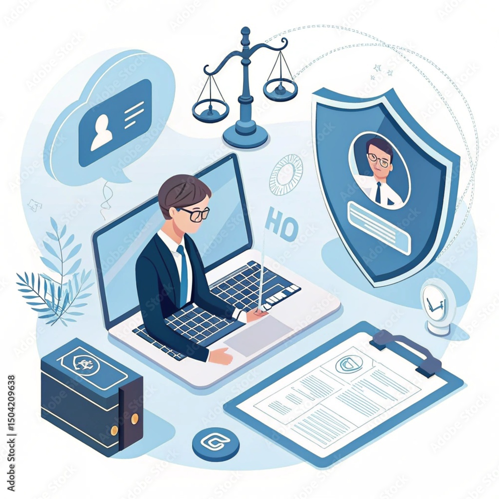 Illustration of lawyer emerging from laptop with scales and shield representing legal services created with generated ai Illustration of lawyer emerging from laptop with scales and shield representing legal services created with generated ai