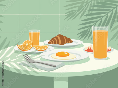 Minimalist aesthetic breakfast scene on a mint-green tiled table, golden sunlight casting soft palm leaf shadows