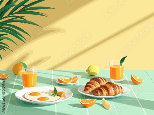 Minimalist aesthetic breakfast scene on a mint-green tiled table, golden sunlight casting soft palm leaf shadows