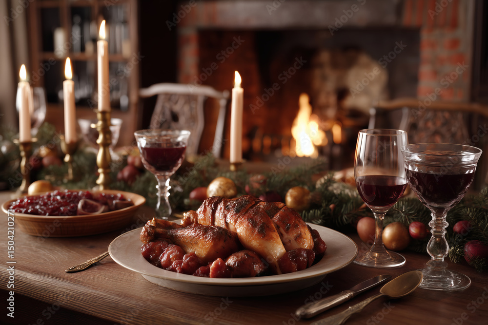 Festive dinner featuring roasted chicken, cranberry sauce, red wine, and candles set against a warm fireplace Festive dinner featuring roasted chicken, cranberry sauce, red wine, and candles set against a warm fireplace
