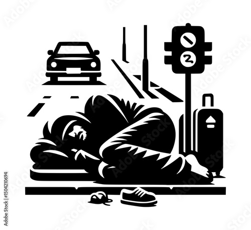 men sleeping on road silhouette vector 