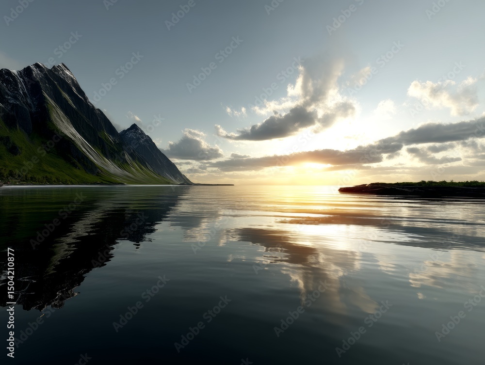 Fototapeta premium Serene sunset reflection over calm waters mountainous landscape nature photography tranquil environment wide-angle view serenity