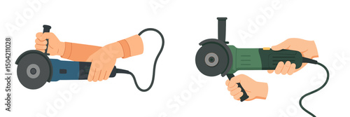 Hands using angle grinders for metalwork in a workshop during daylight hours