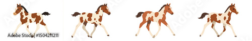 Colorful cartoon horses trotting playfully in a whimsical setting during a sunny day