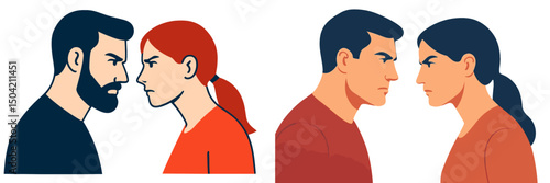 Tension between individuals depicted through expressive illustrations of confrontational stances and facial expressions