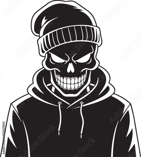 Skull in Beanie and Hoodie – Grunge Streetwear Skull Vector Illustration | Detailed Illustration of a Grim Skull Wearing a Beanie and Hoodie