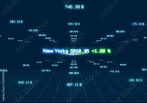 Abstract stock index data and financial figures. New York stock market moving up. Business, financial market, invest, banking, trading, risk, volatility. 3D illustration