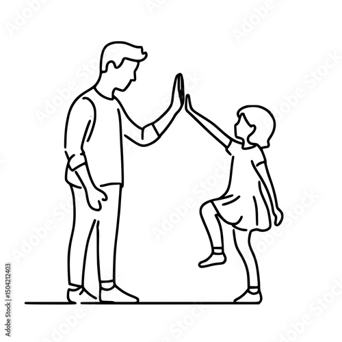 Man and girl high-fiving while standing on a minimalist background - Concept of single line outline vector  