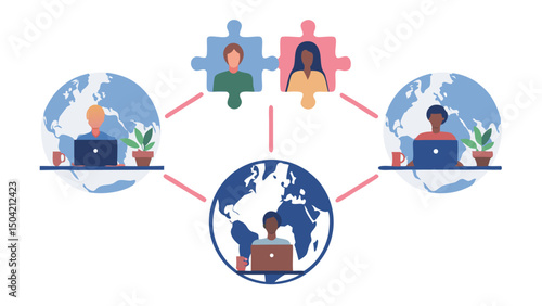 A global network illustration showing diverse people connected through laptops and puzzle piece avatars online