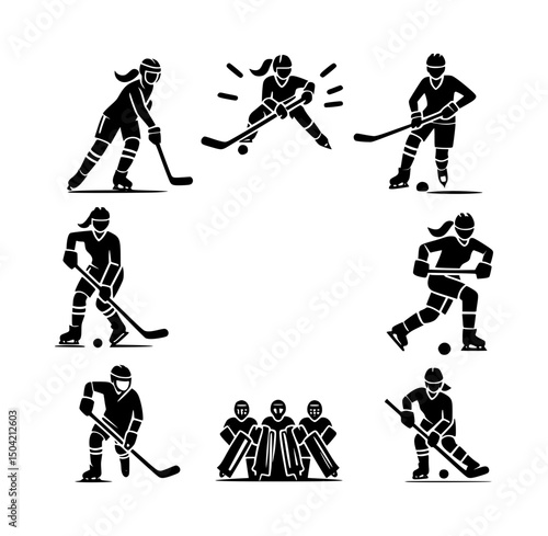 women's hockey game   icon logo, black color, white background, vector