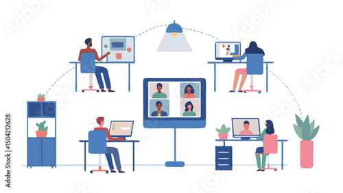 Illustration of people in a virtual meeting using computers and a large screen for communication online