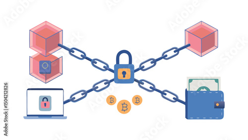 A blockchain illustration featuring interconnected blocks chains padlock laptop wallet and coins on a white backdrop