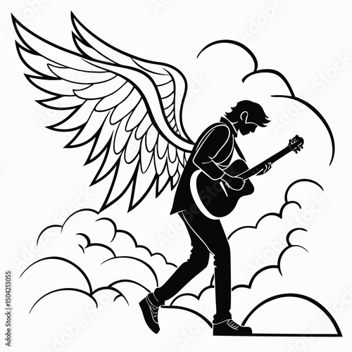 Solid black silhouette of a guitarist strumming, vector EPS