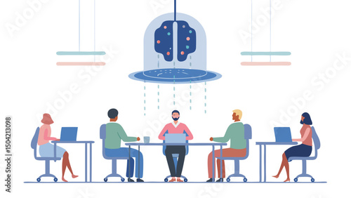 A meeting with a brain hovering above the table with people working on laptops in a bright room setting