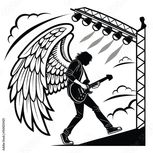 Solid black silhouette of a guitarist strumming, vector EPS