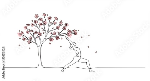Woman Doing Yoga Under a Flowering Tree - Minimalist Line Art