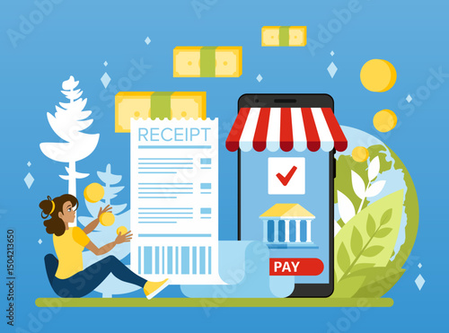 Online payment via a personal account in an online bank. A cash receipt as proof of payment. Cashback when paying online via the smartphone app. Flat vector illustration in cartoon style