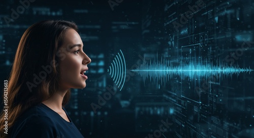 Woman speaking, audio wave displayed for voice recognition tech use, dark scene
