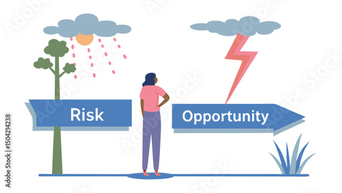 A woman facing a choice between risk under rain and opportunity under lightning in a vector illustration