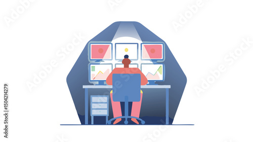 A person sitting at a desk with multiple computer monitors in a dark room with a white background view