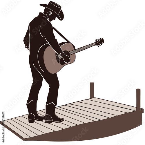 Solid black silhouette of a guitarist strumming, vector EPS