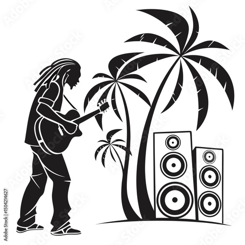 Solid black silhouette of a guitarist strumming, vector EPS