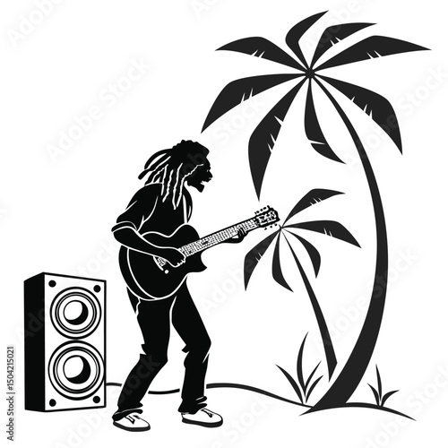 Solid black silhouette of a guitarist strumming, vector EPS