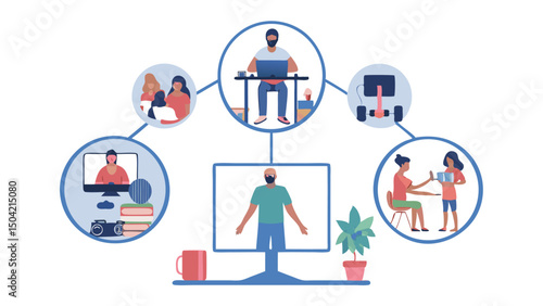 Illustration depicting remote work and communication with various activities and connections shown clearly