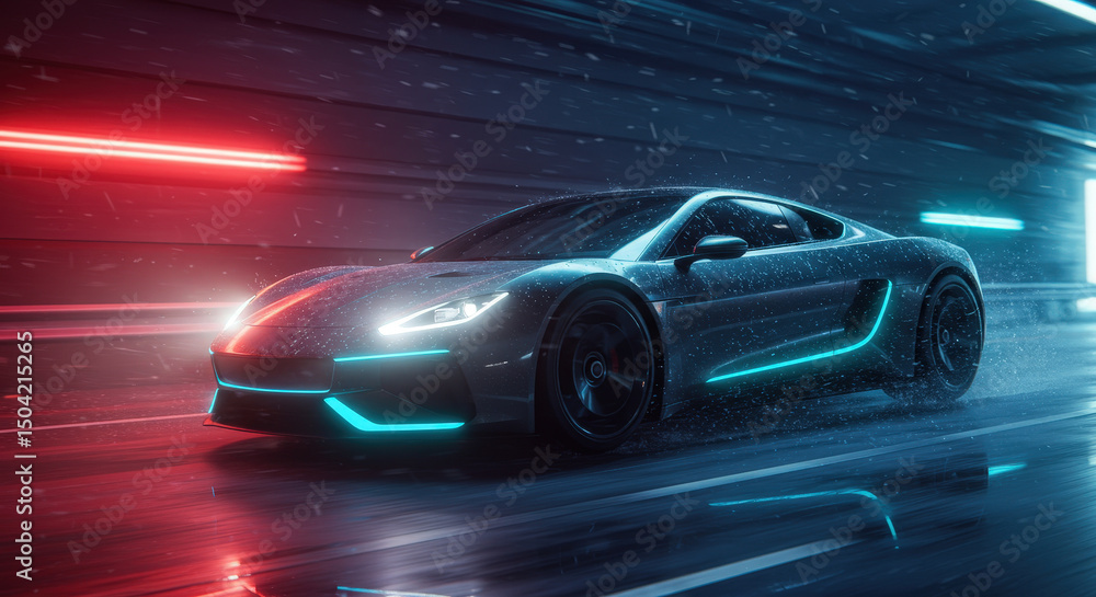 Naklejka premium Electric sports car speeds through neon tunnel at night
