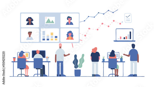 A team meeting in a modern office space with a virtual conference call and data charts displayed nearby
