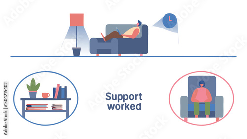 A person reclining on a sofa with a clock and a lamp, complemented by furniture and graphic depictions