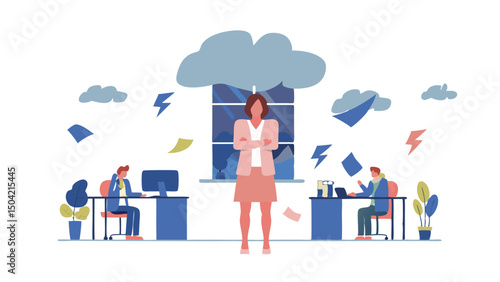 A stressed woman standing in an office with storm clouds and lightning above her and coworkers at desks