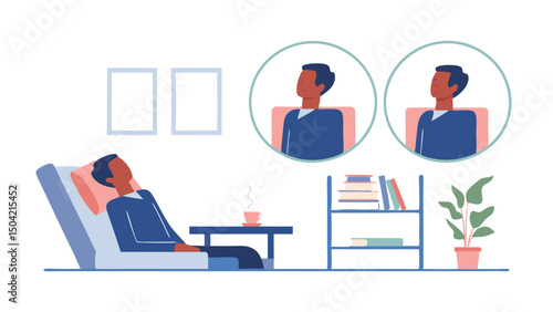 Man laying on couch with table and plant near by and two portraits of the man in the background art