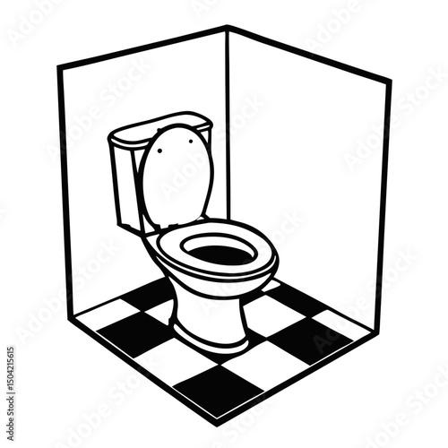 Cartoon toilet in a minimalist corner bathroom with checkered floor  
