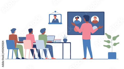 A virtual meeting in progress with four participants and a presenter in a brightly lit room setting