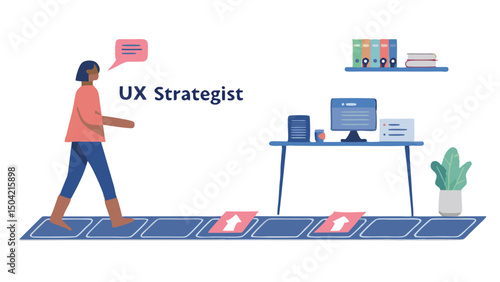 A ux strategist walking on a path with arrows towards a desk with computer and office supplies visible