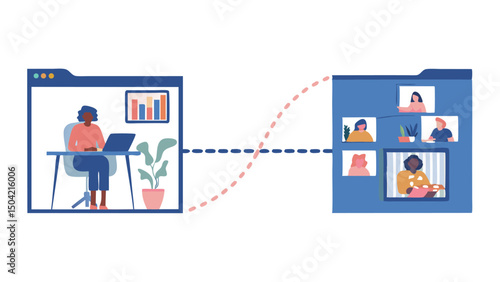 Illustration of a woman at a desk with laptop connected to a video call with multiple participants