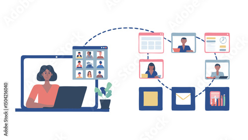 Illustration of a woman on a video call with multiple participants and connected icons on a white background