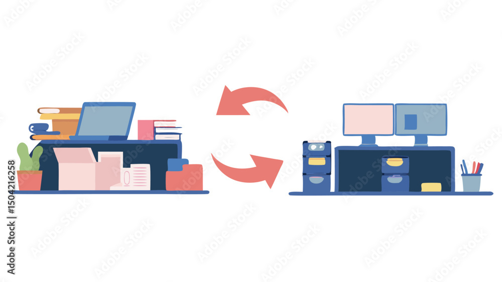 A cluttered desk transforming into an organized workspace with a rotating arrow in the middle drawing A cluttered desk transforming into an organized workspace with a rotating arrow in the middle drawing