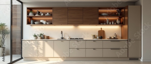 Modern minimalist kitchen , close up shot, beige cabinets floor to ceiling, combined with walnut wood open cabinets with led lights, floating ceiling. Natural light. 
