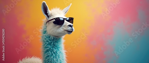 Fototapeta Naklejka Na Ścianę i Meble -  Funny llama  wearing sunglasses in studio with a colorful and bright background, right side of the composition