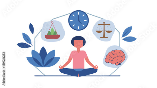 A person meditating surrounded by symbols of time balance plants brain and abstract floral elements