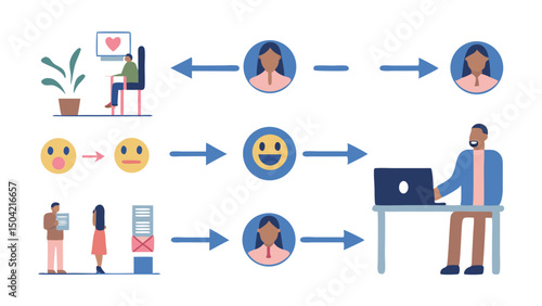 Illustration of online communication with emojis and people connecting through digital devices and networks