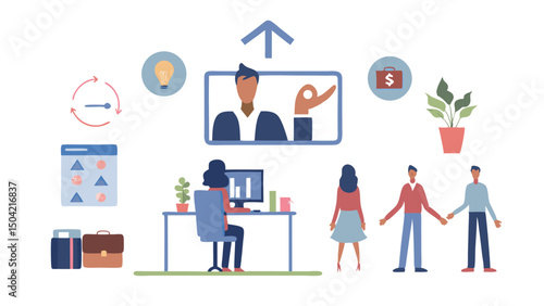 Illustration of a person on a screen with coworkers and office elements on a white background design