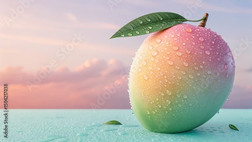 Imaginative fruit pastel, Surreal dream tone backgrounds. A colorful mango with dew drops sits on a surface against a soft, dreamy background.