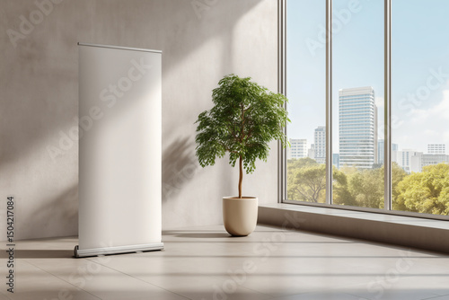 Blank white banner stand display with potted plant next to a window overlooking a city skyline. photo