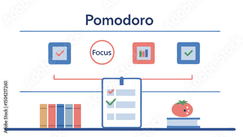 Illustration of pomodoro technique with focus icon and checklist on a shelf with books and tomato